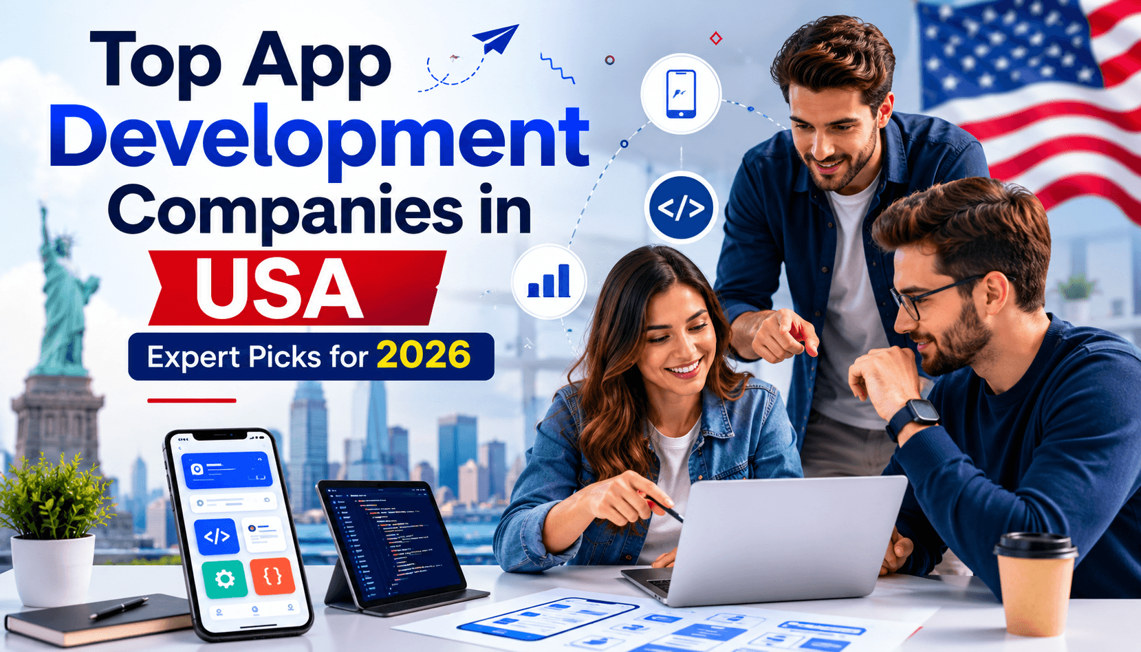 Professional app development team collaborating in a modern office with laptops, mobile app interfaces, and coding screens, highlighting top app development companies in the USA for 2026
