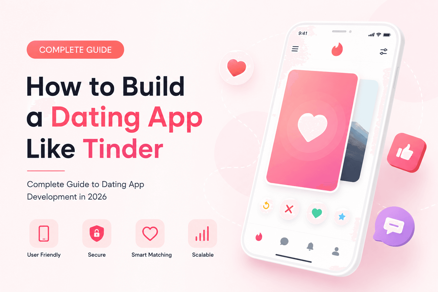 How to Build a Dating App Like Tinder – Complete Guide to Dating App Development in 2026 featuring a modern dating app interface, smartphone UI, and young professionals using a mobile dating application.