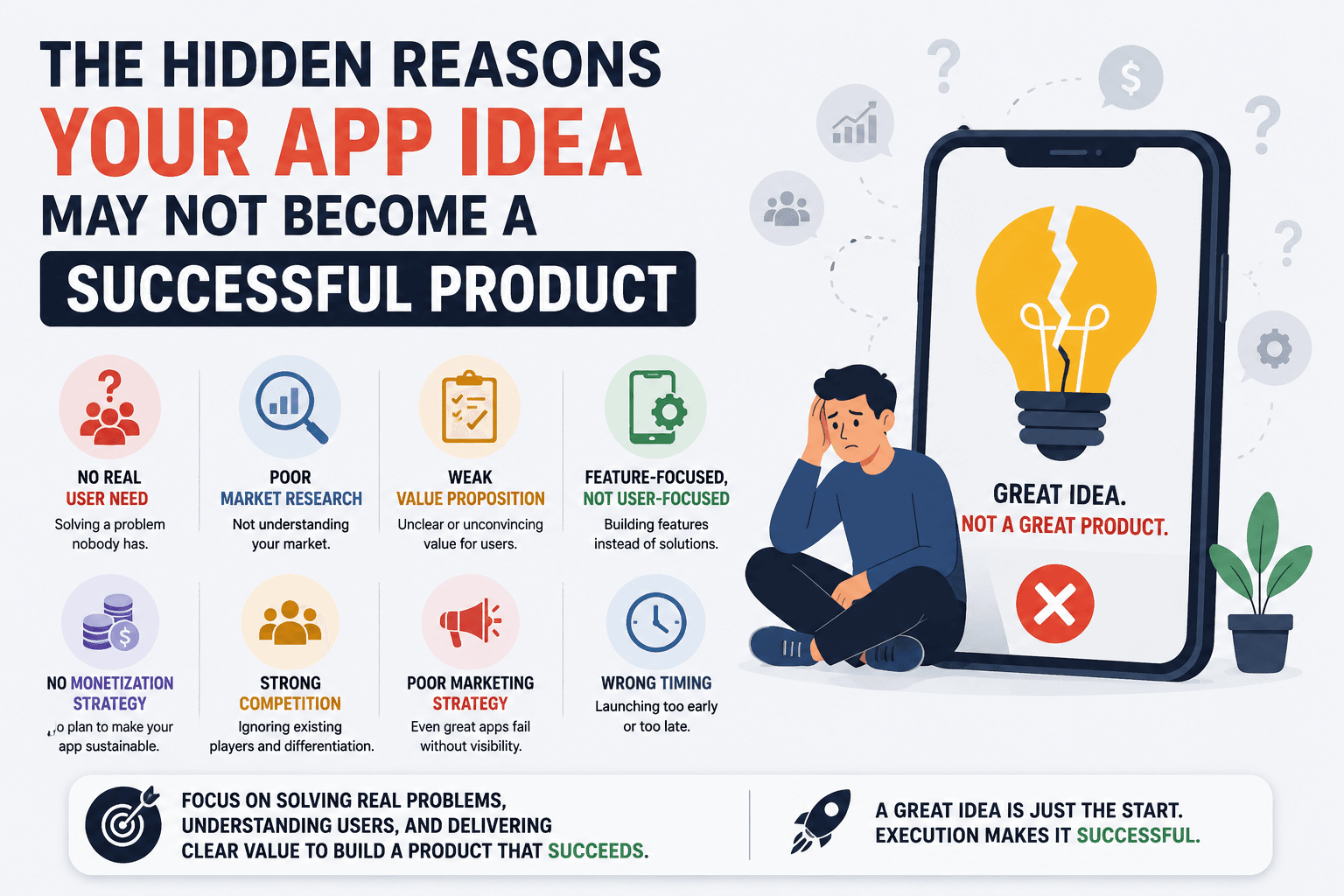 Illustration showing hidden reasons an app idea fails to become a successful product, including poor market research, weak strategy, and low user demand.