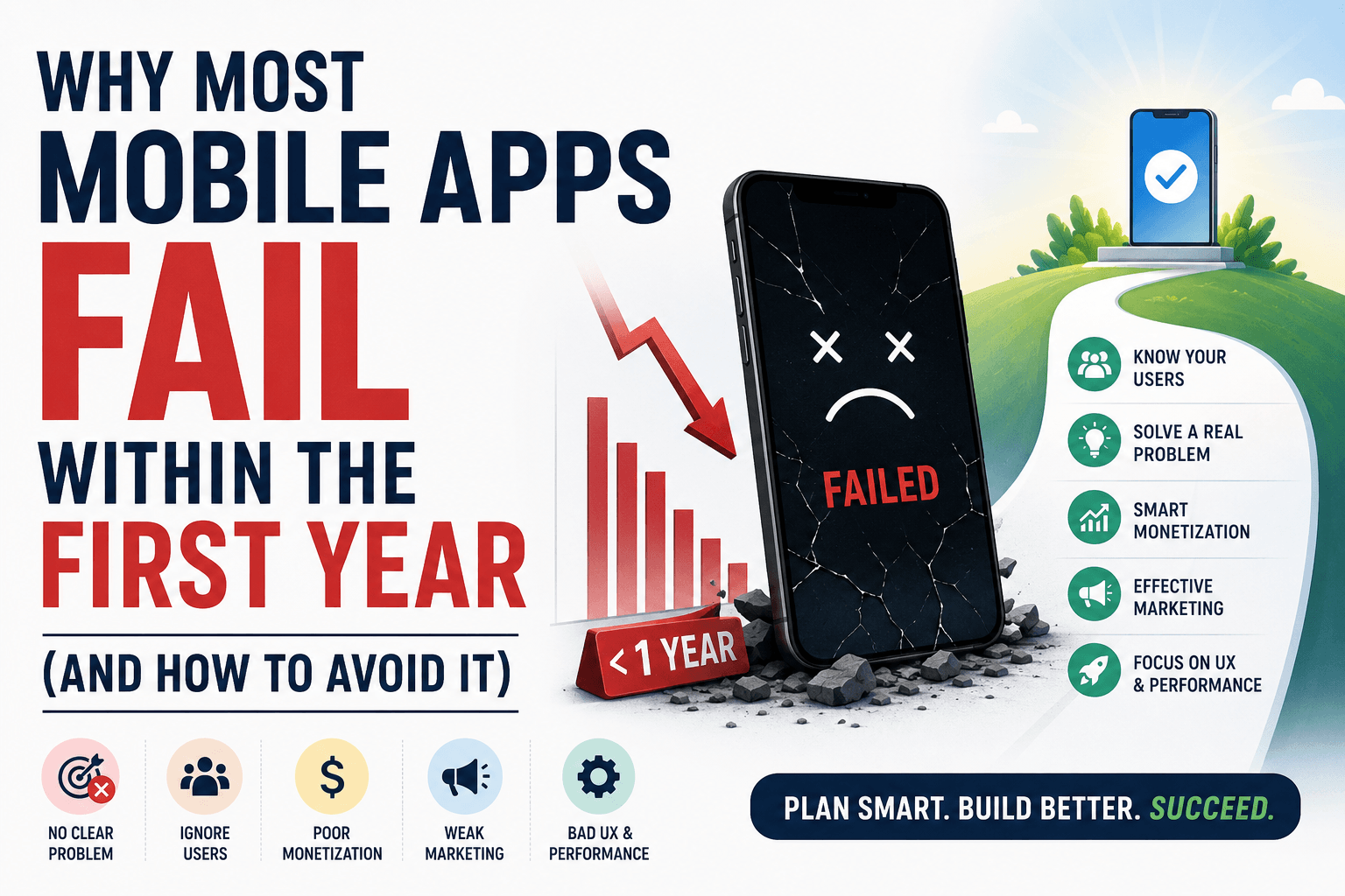 Why Most Mobile Apps Fail Within the First Year infographic showing a failed mobile app, key failure reasons, and strategies to build a successful app.