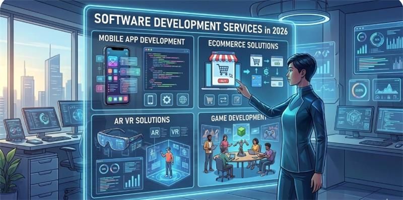 Software development services in 2026, showing mobile apps, e-commerce, AR VR, and game development solutions.